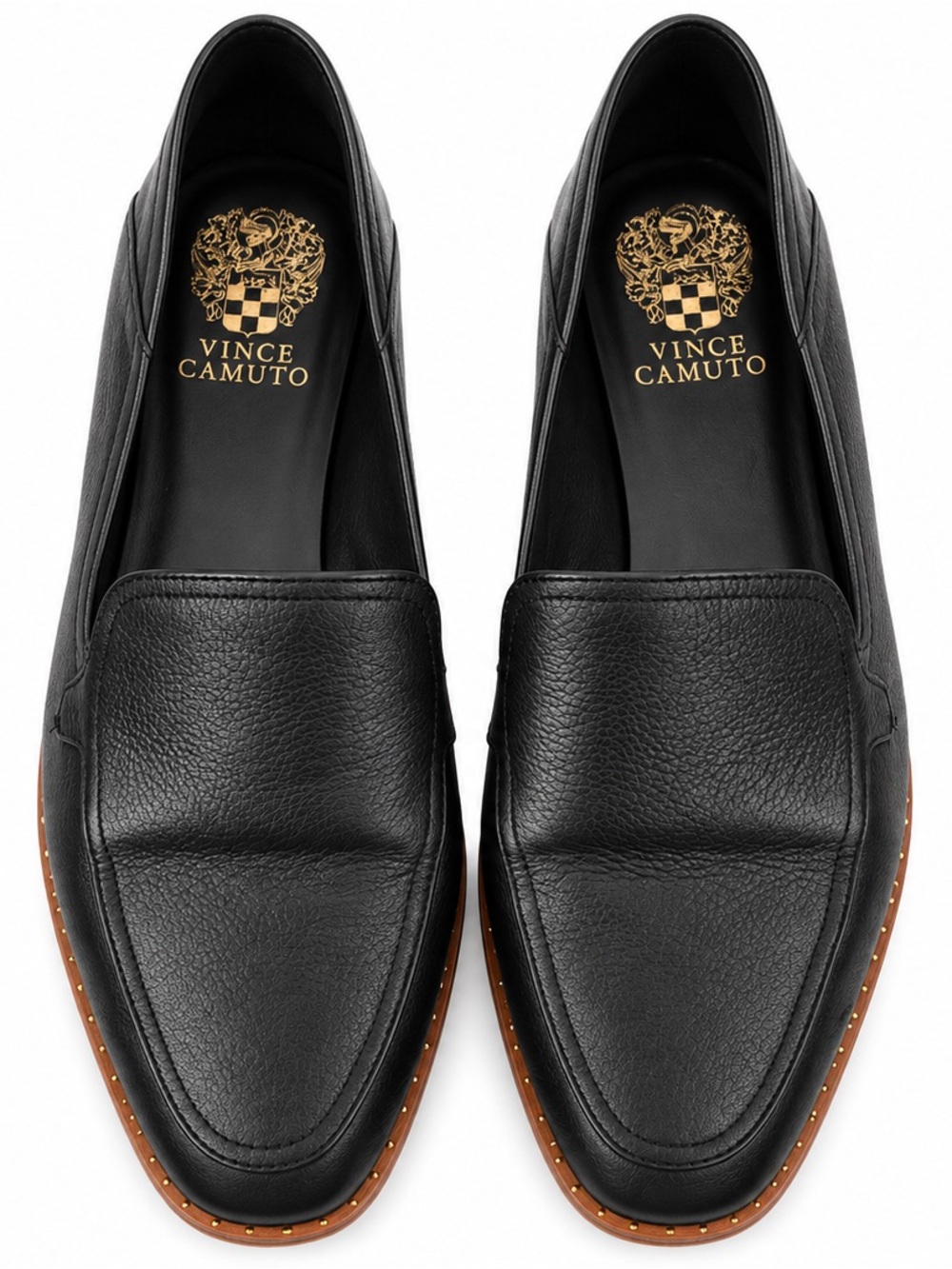 Vince Camuto Black Leather Loafers with Brown Trim and Stud Detail